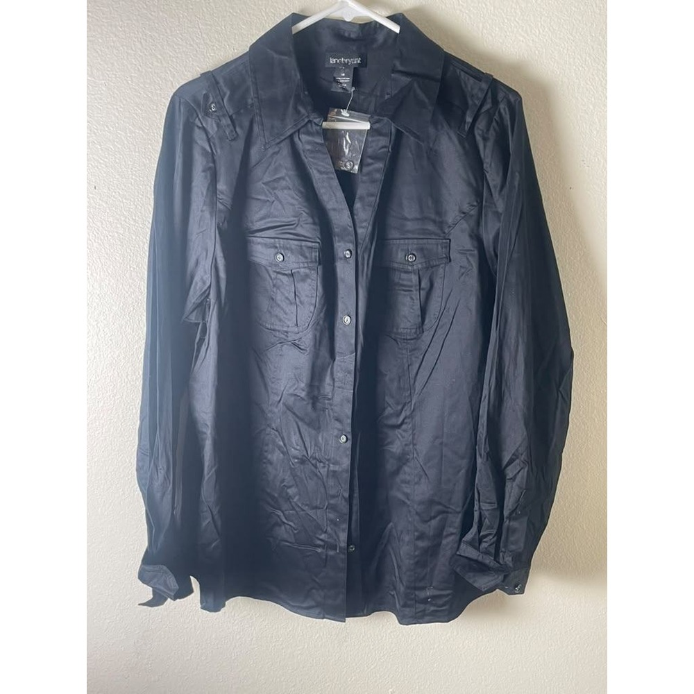 Lane Bryant Women 18 Black Utility Button Down Shirt Long Sleeve Cotton Stretch